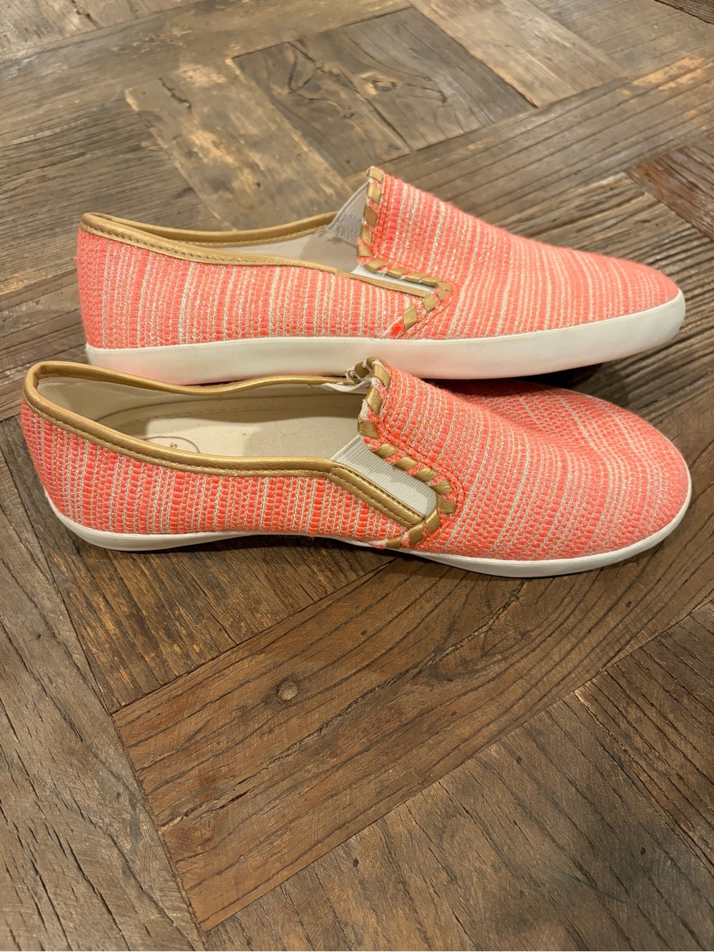 Jack Rogers Baldwin Coral Pink & Gold Whipstitch Slip On Sneakers Shoes Size 8.5